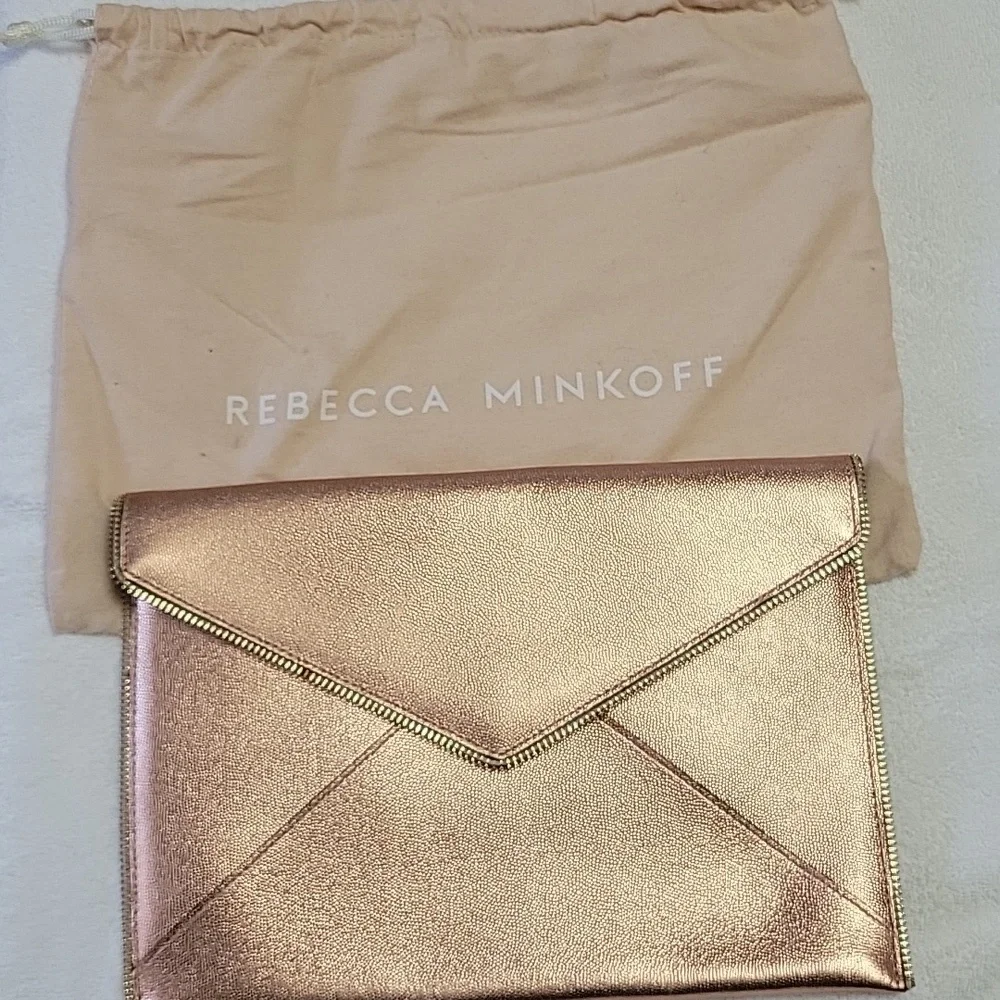 Rose Gold metallic leather, Rebecca Minkoff's Leo clutch. Like New!